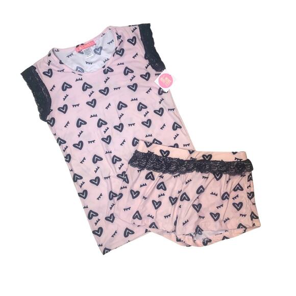 Cute Pink Black Heart Lace Shorts and Sleeveless Top Pajamas Set Pjs Size Small - Picture 1 of 11